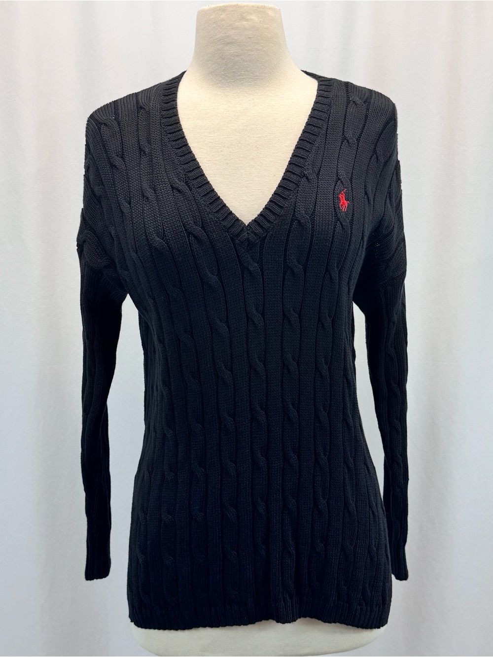 Ralph Lauren Black Cable-Knit V-Neck Sweater Pony Pima Cotton Minimalist Preppy